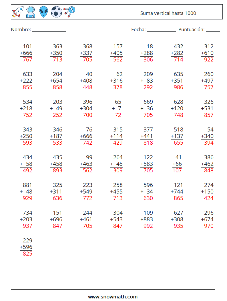 (50) Suma vertical hasta 1000 Hojas de trabajo de matemáticas 1 Pregunta, respuesta