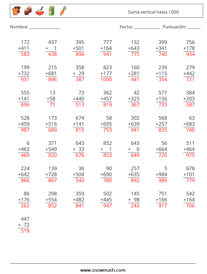 (50) Suma vertical hasta 1000 Hojas de trabajo de matemáticas 2 Pregunta, respuesta