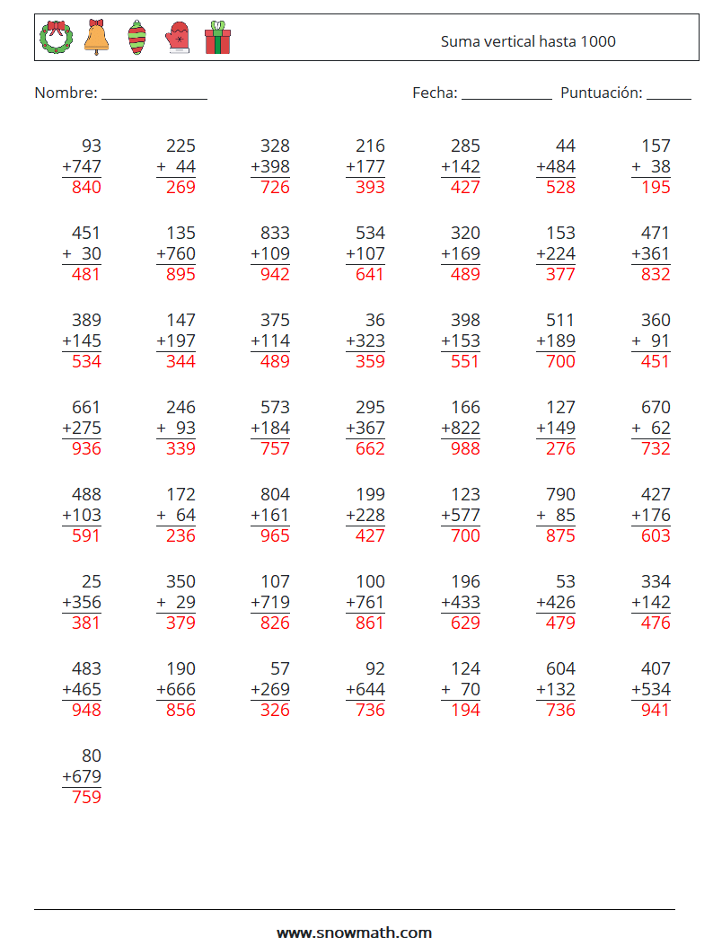 (50) Suma vertical hasta 1000 Hojas de trabajo de matemáticas 3 Pregunta, respuesta