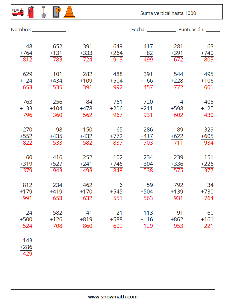 (50) Suma vertical hasta 1000 Hojas de trabajo de matemáticas 5 Pregunta, respuesta