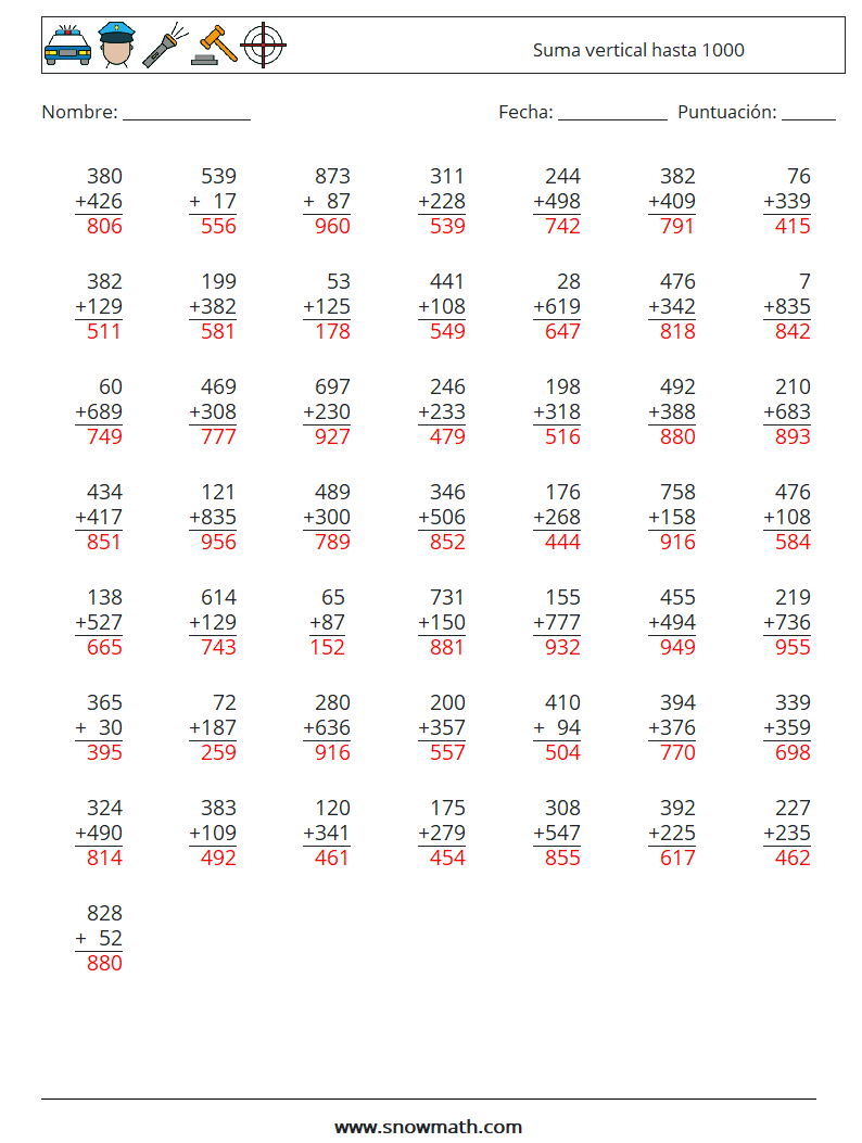 (50) Suma vertical hasta 1000 Hojas de trabajo de matemáticas 6 Pregunta, respuesta