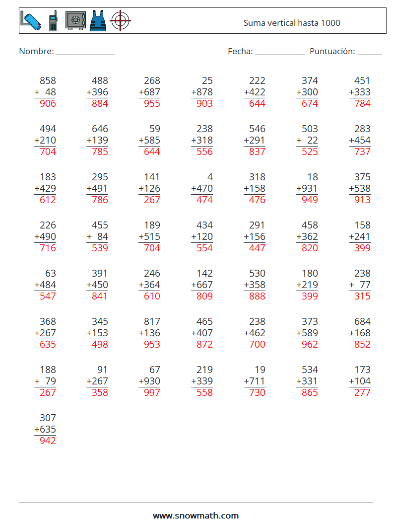 (50) Suma vertical hasta 1000 Hojas de trabajo de matemáticas 7 Pregunta, respuesta