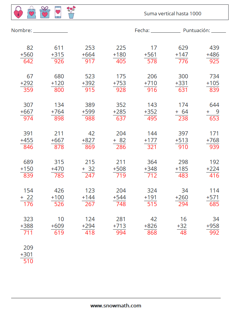 (50) Suma vertical hasta 1000 Hojas de trabajo de matemáticas 8 Pregunta, respuesta