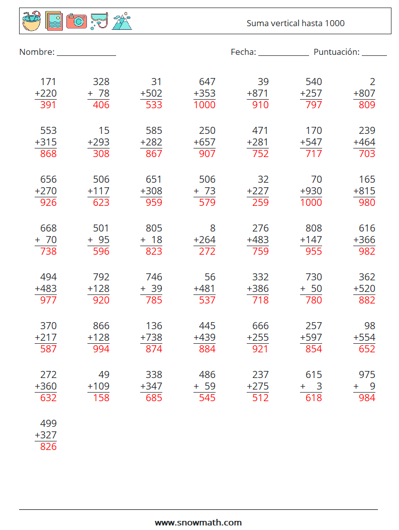 (50) Suma vertical hasta 1000 Hojas de trabajo de matemáticas 9 Pregunta, respuesta