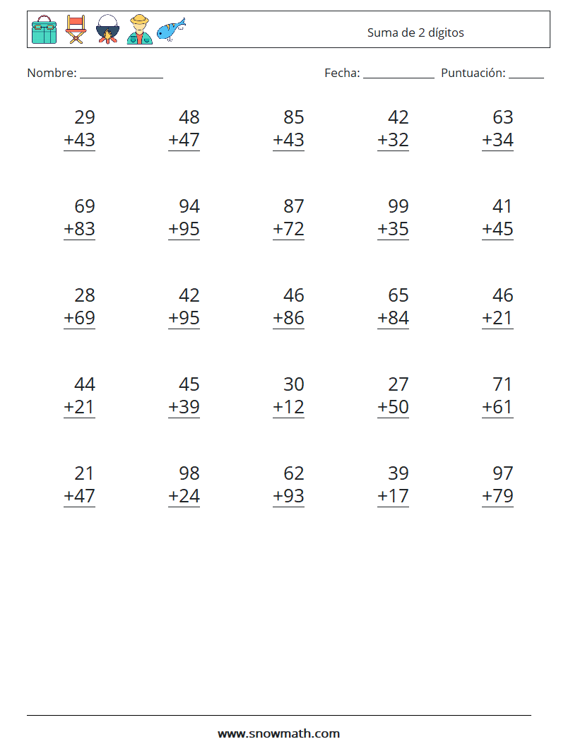 (25) suma de 2 dígitos Hojas de trabajo de matemáticas, práctica de ...