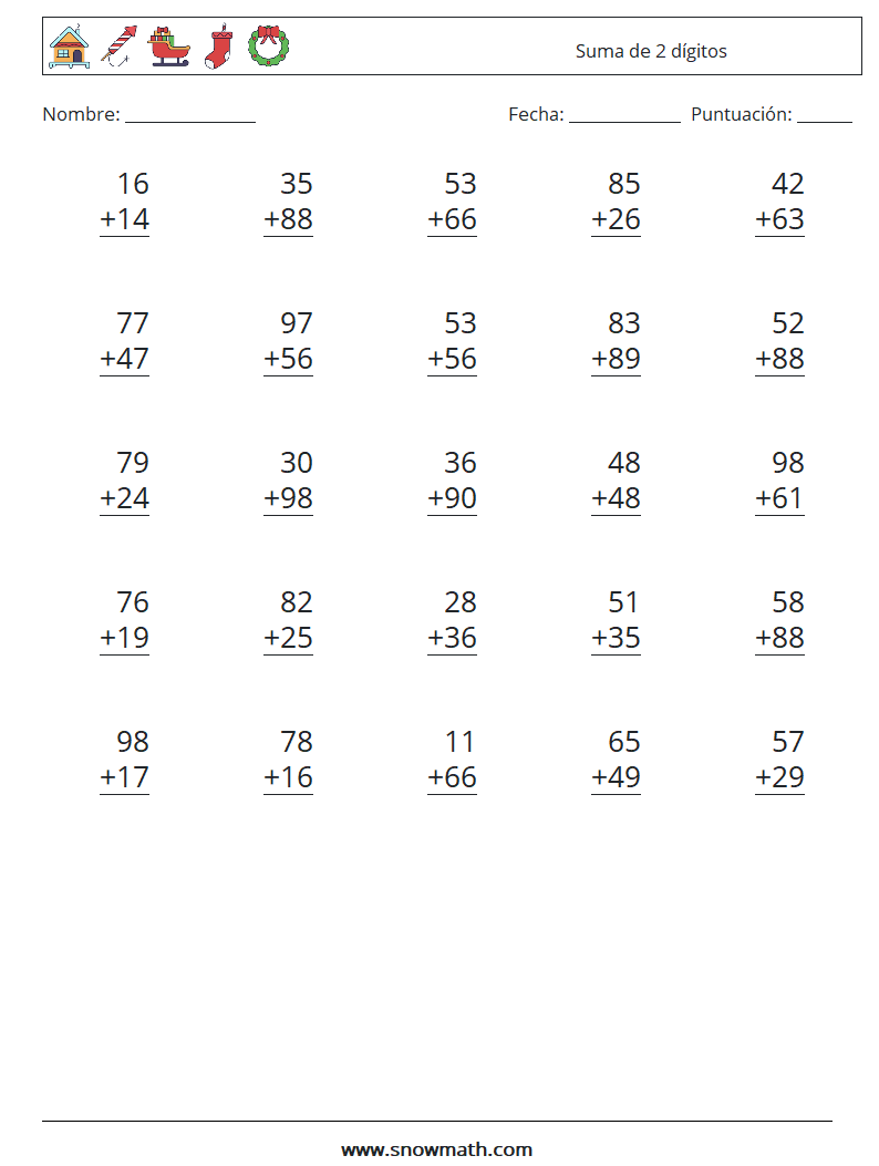 (25) Suma de 2 dígitos Hojas de trabajo de matemáticas 10