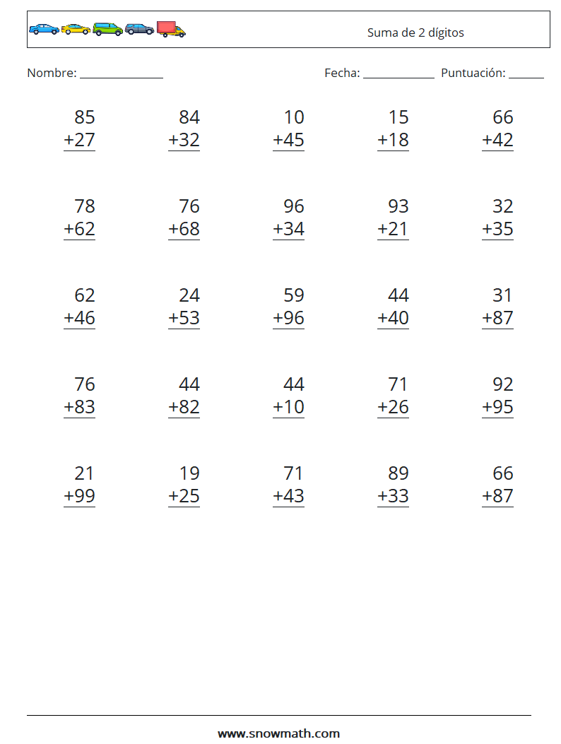 (25) Suma de 2 dígitos Hojas de trabajo de matemáticas 11
