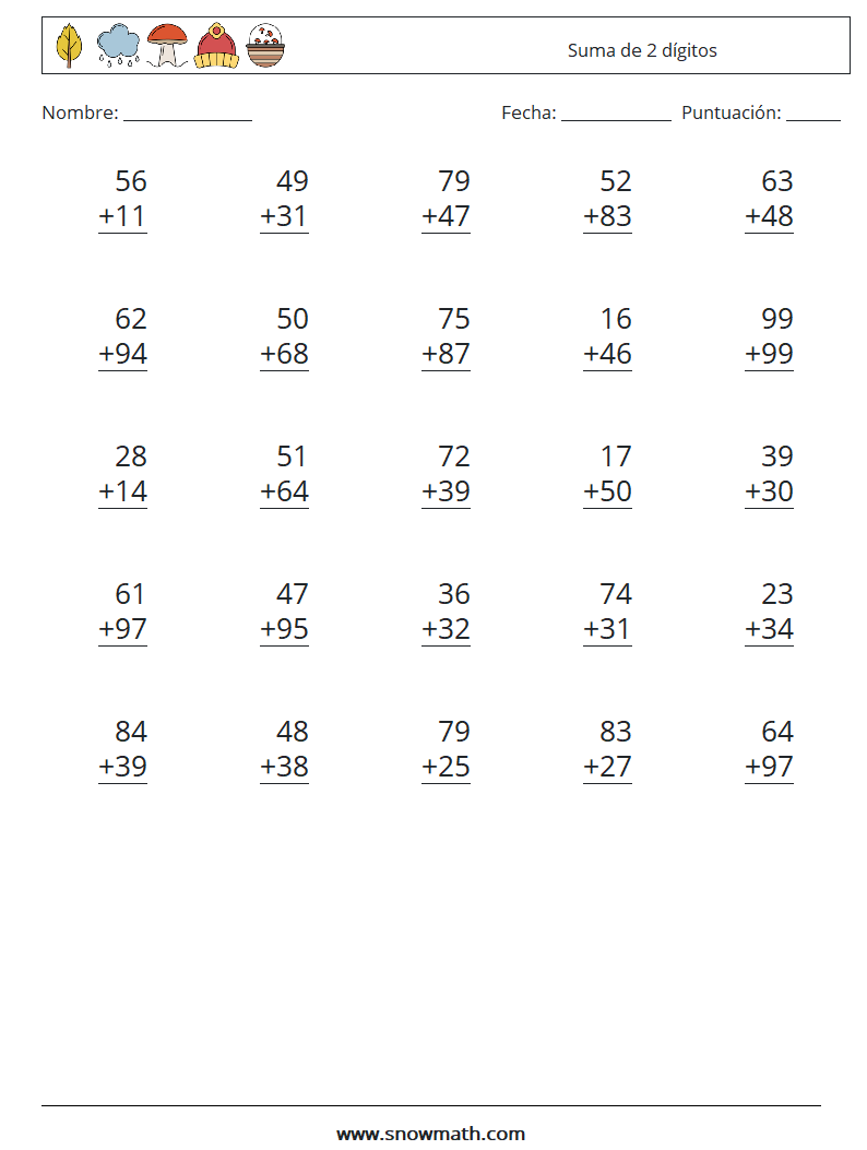 (25) Suma de 2 dígitos Hojas de trabajo de matemáticas 12