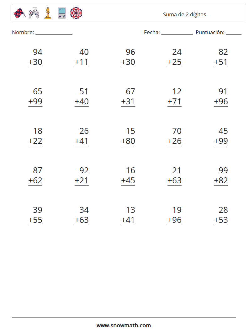 (25) Suma de 2 dígitos Hojas de trabajo de matemáticas 13