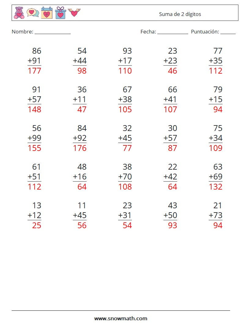 (25) Suma de 2 dígitos Hojas de trabajo de matemáticas 14 Pregunta, respuesta