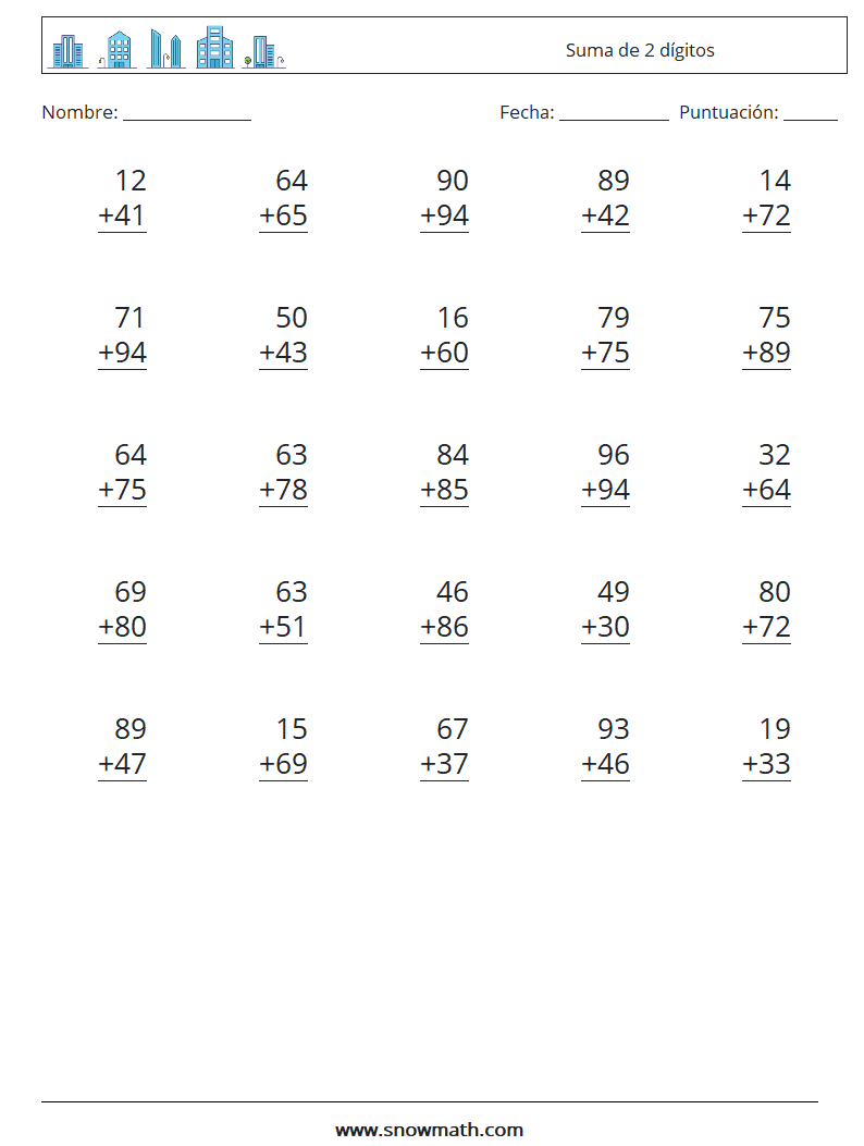 (25) Suma de 2 dígitos Hojas de trabajo de matemáticas 15