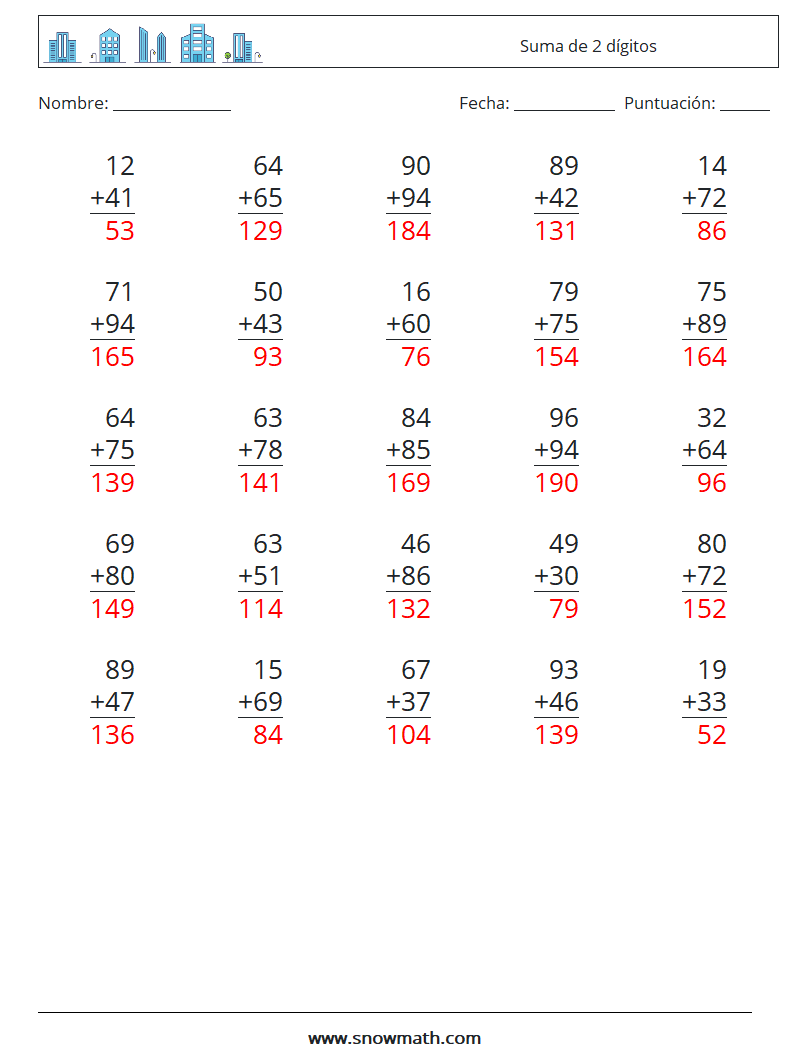 (25) Suma de 2 dígitos Hojas de trabajo de matemáticas 15 Pregunta, respuesta