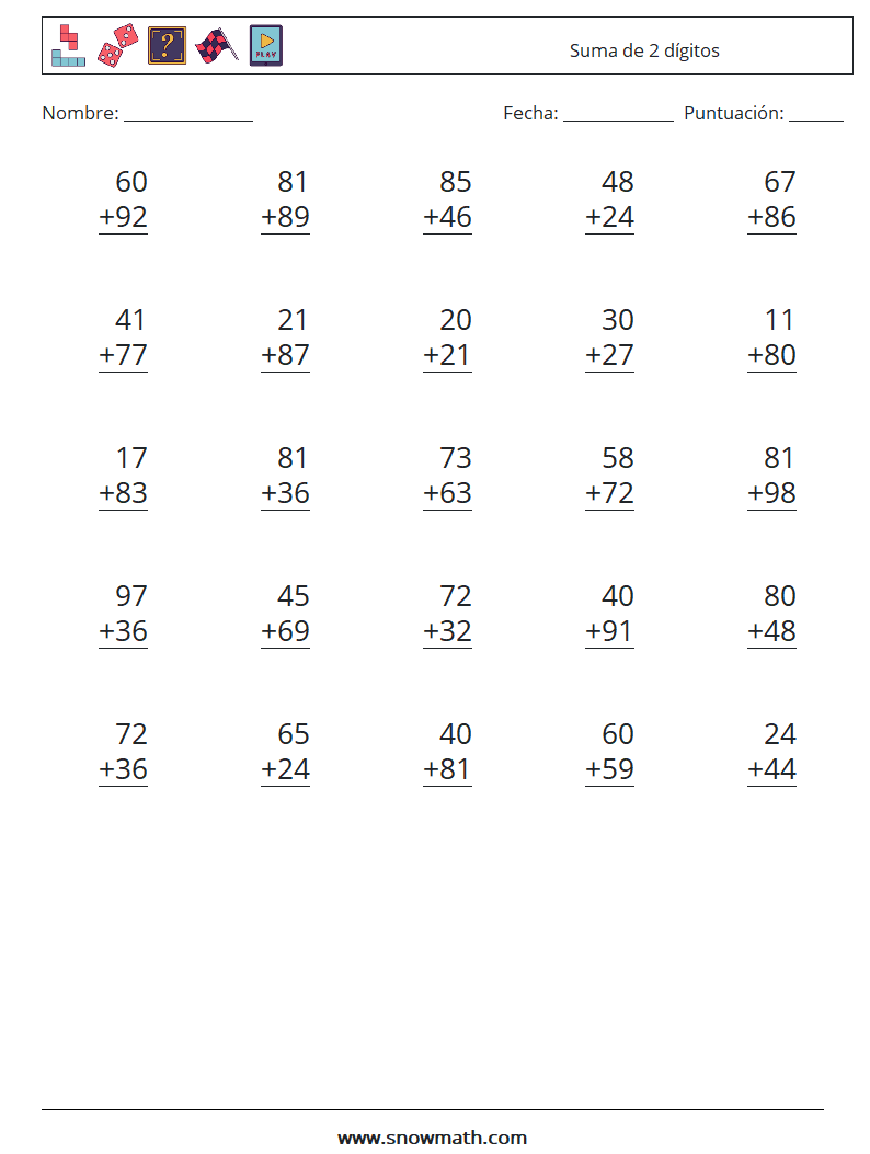 (25) Suma de 2 dígitos Hojas de trabajo de matemáticas 16