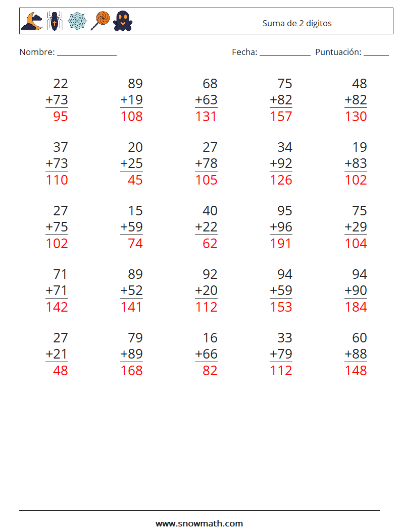 (25) Suma de 2 dígitos Hojas de trabajo de matemáticas 17 Pregunta, respuesta