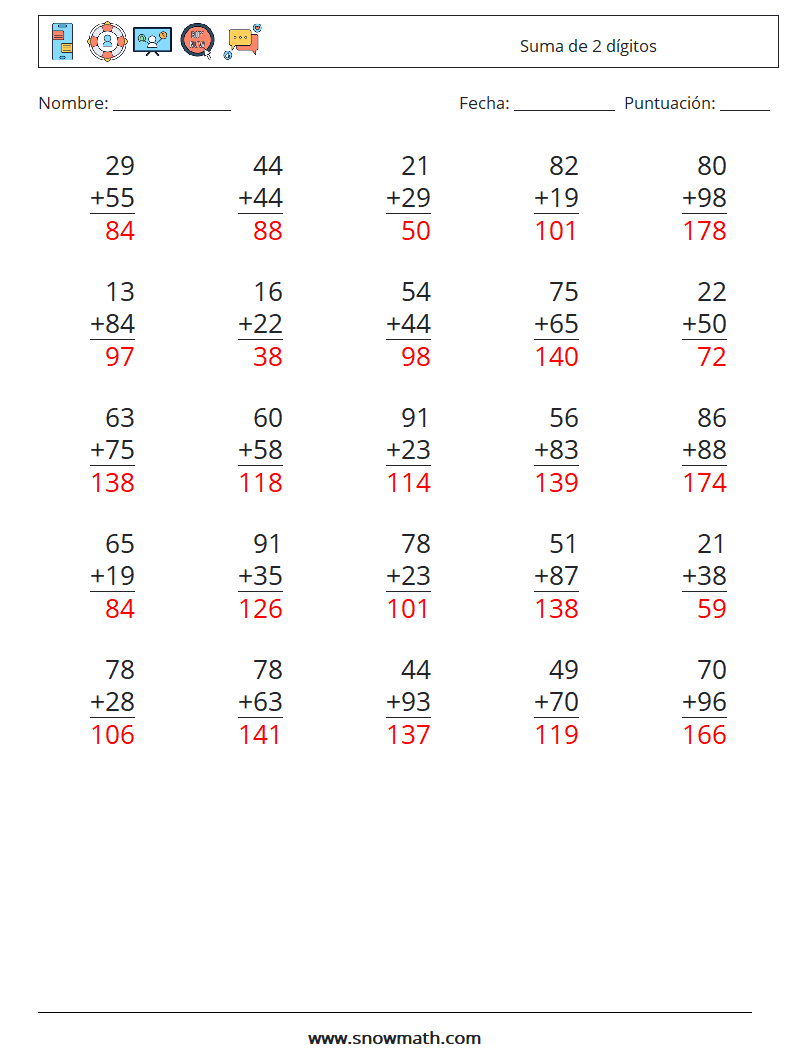 (25) Suma de 2 dígitos Hojas de trabajo de matemáticas 18 Pregunta, respuesta
