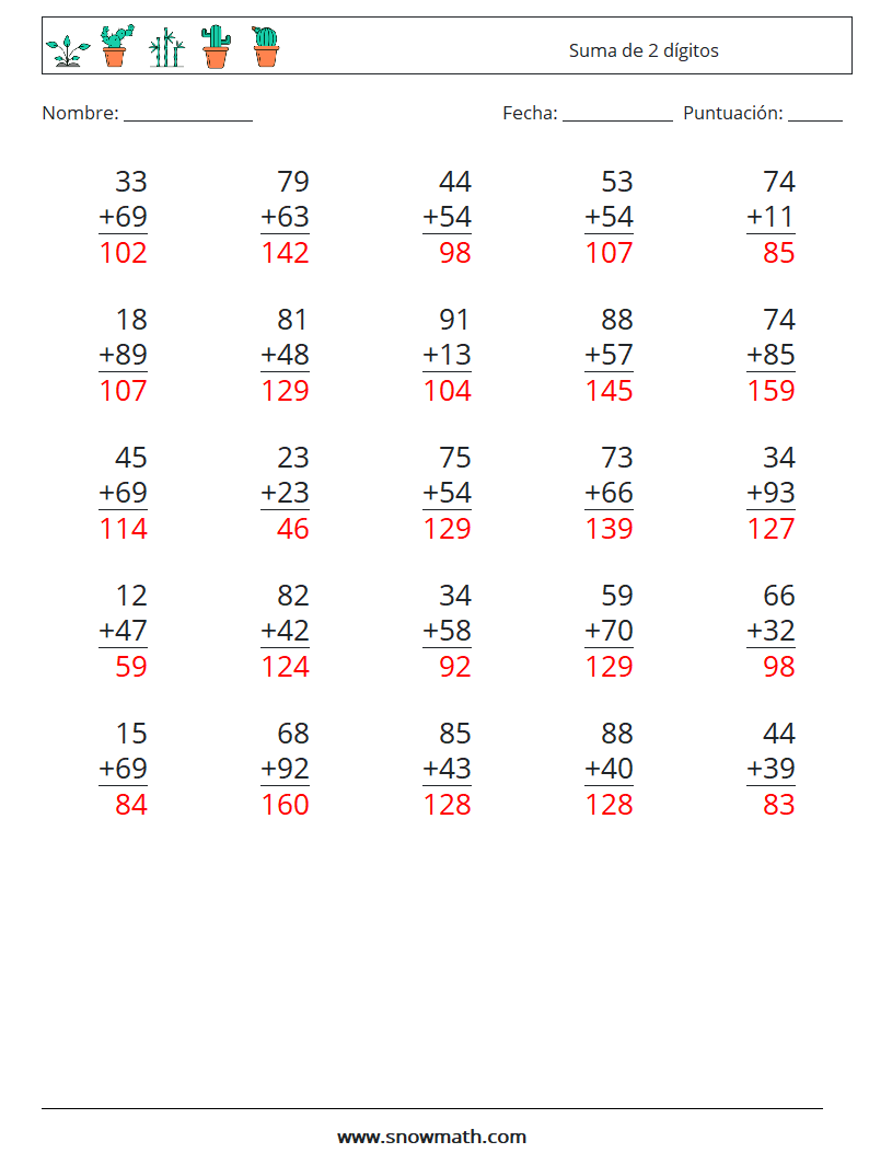 (25) Suma de 2 dígitos Hojas de trabajo de matemáticas 1 Pregunta, respuesta