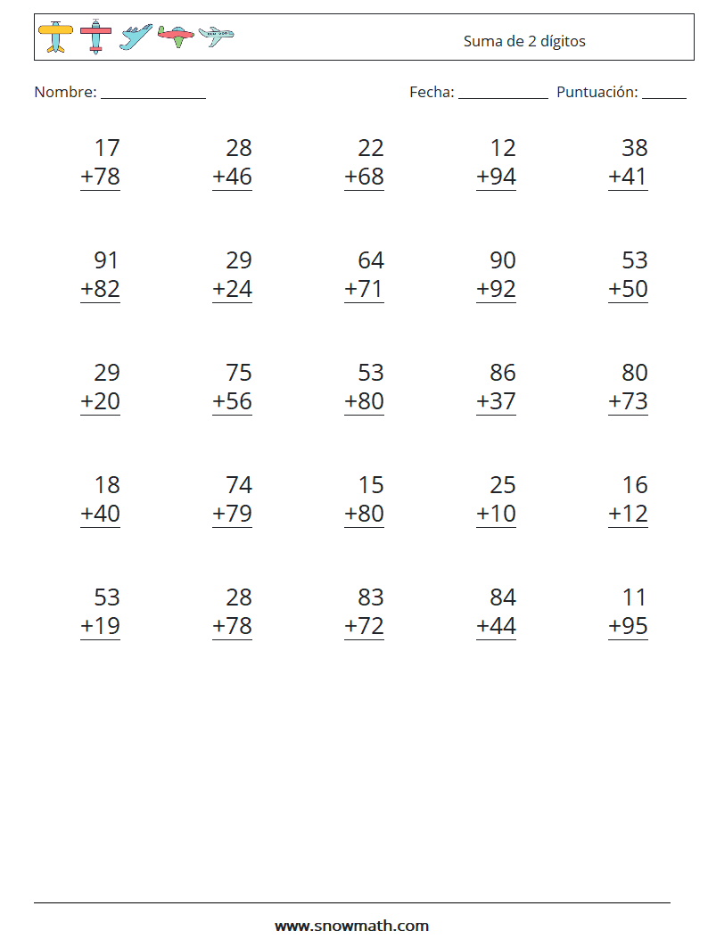 (25) Suma de 2 dígitos Hojas de trabajo de matemáticas 2