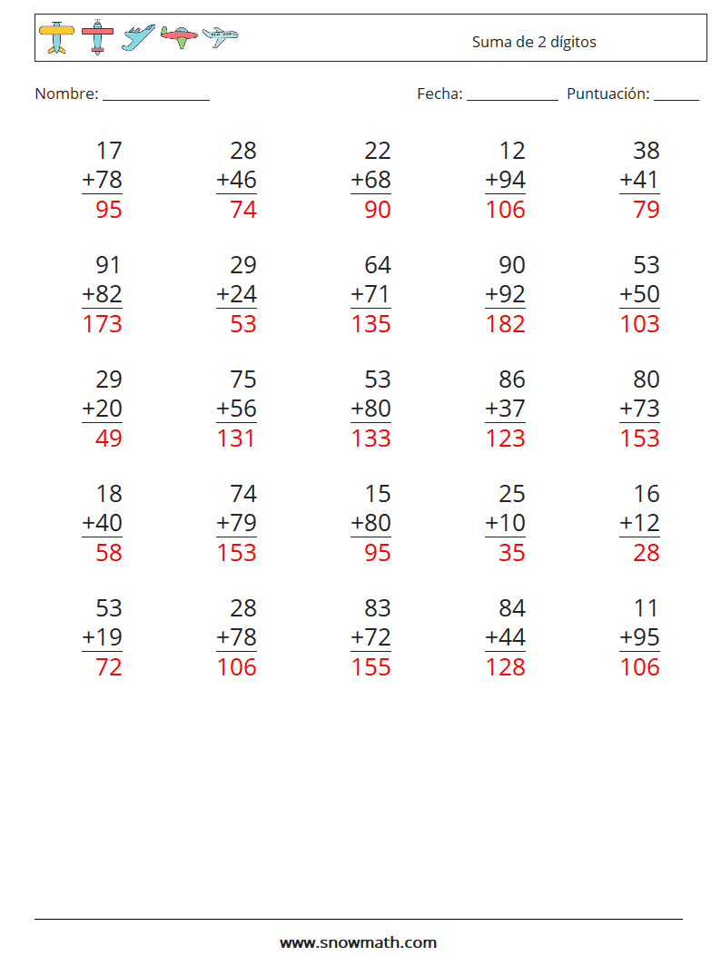 (25) Suma de 2 dígitos Hojas de trabajo de matemáticas 2 Pregunta, respuesta