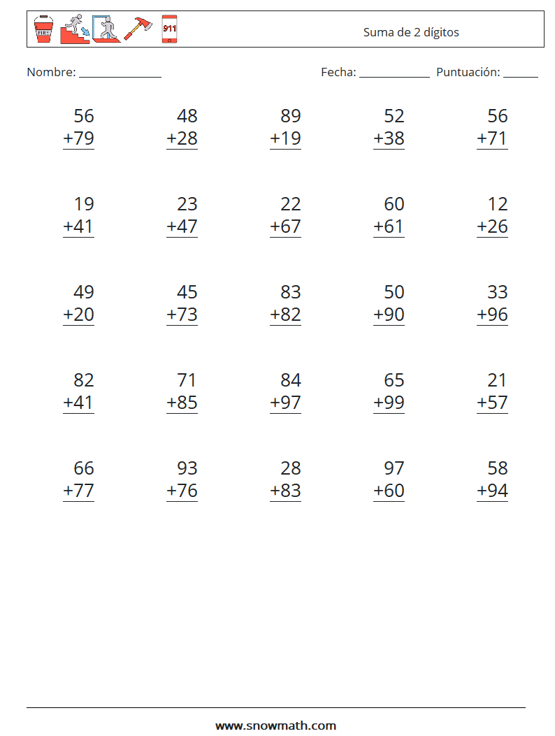 (25) Suma de 2 dígitos Hojas de trabajo de matemáticas 3