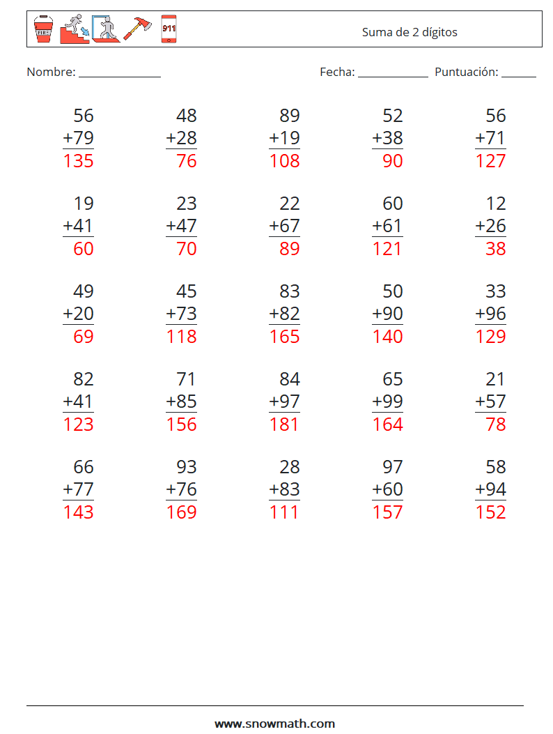 (25) Suma de 2 dígitos Hojas de trabajo de matemáticas 3 Pregunta, respuesta