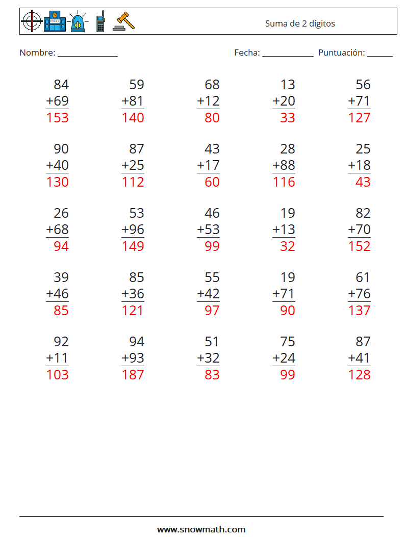 (25) Suma de 2 dígitos Hojas de trabajo de matemáticas 4 Pregunta, respuesta