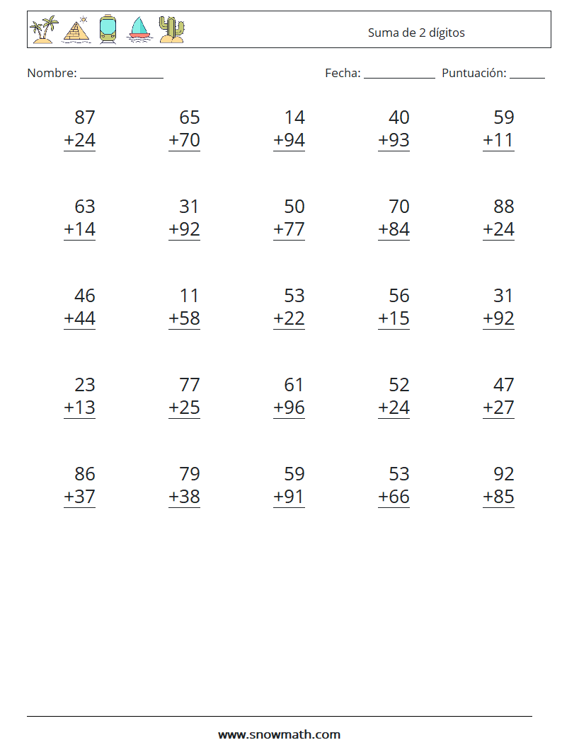 (25) Suma de 2 dígitos Hojas de trabajo de matemáticas 5