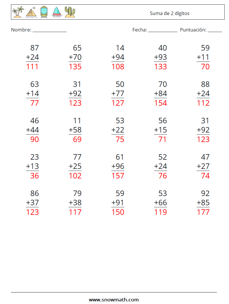 (25) Suma de 2 dígitos Hojas de trabajo de matemáticas 5 Pregunta, respuesta