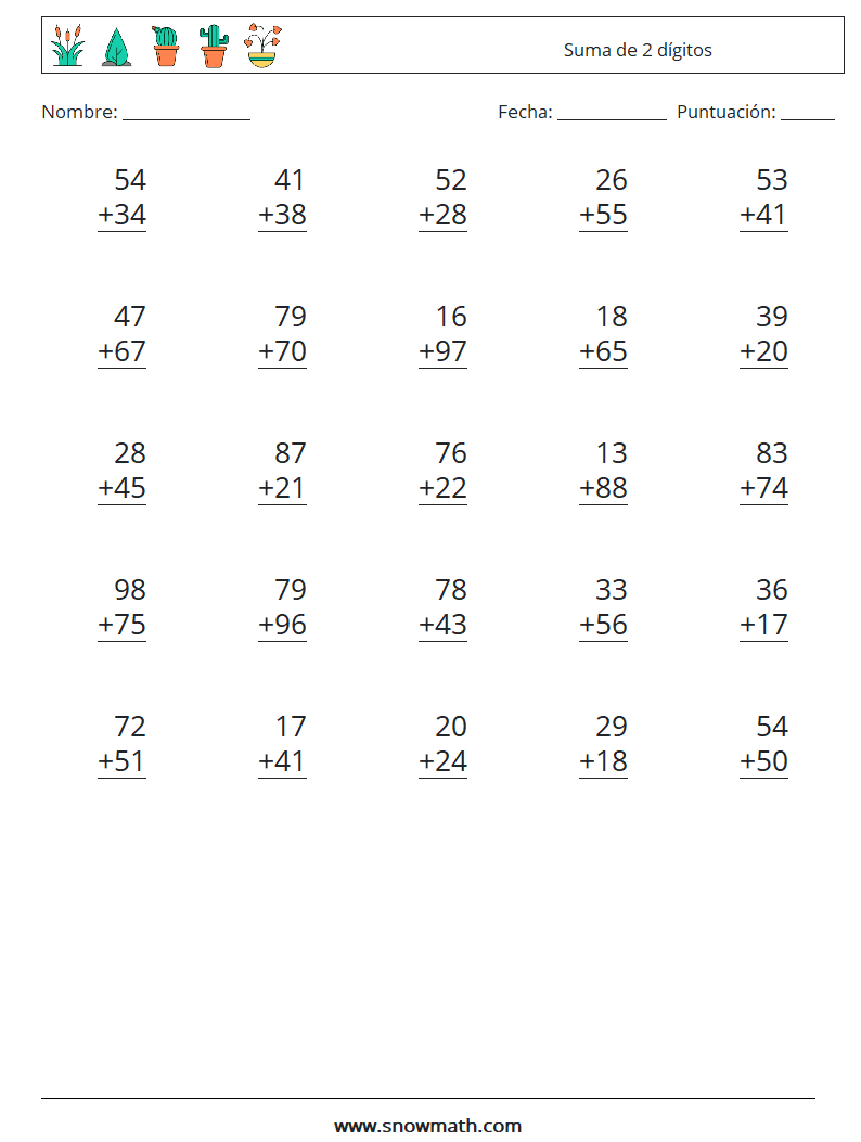 (25) Suma de 2 dígitos Hojas de trabajo de matemáticas 6