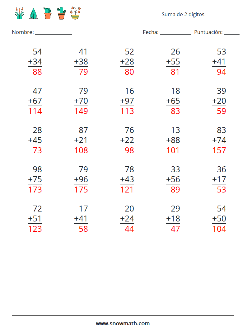 (25) Suma de 2 dígitos Hojas de trabajo de matemáticas 6 Pregunta, respuesta
