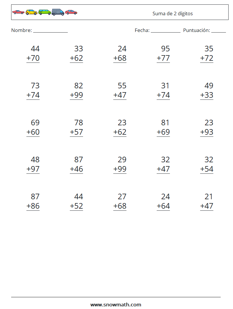 (25) Suma de 2 dígitos Hojas de trabajo de matemáticas 7