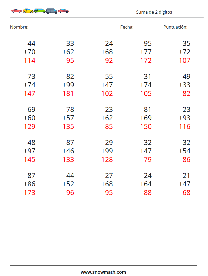(25) Suma de 2 dígitos Hojas de trabajo de matemáticas 7 Pregunta, respuesta