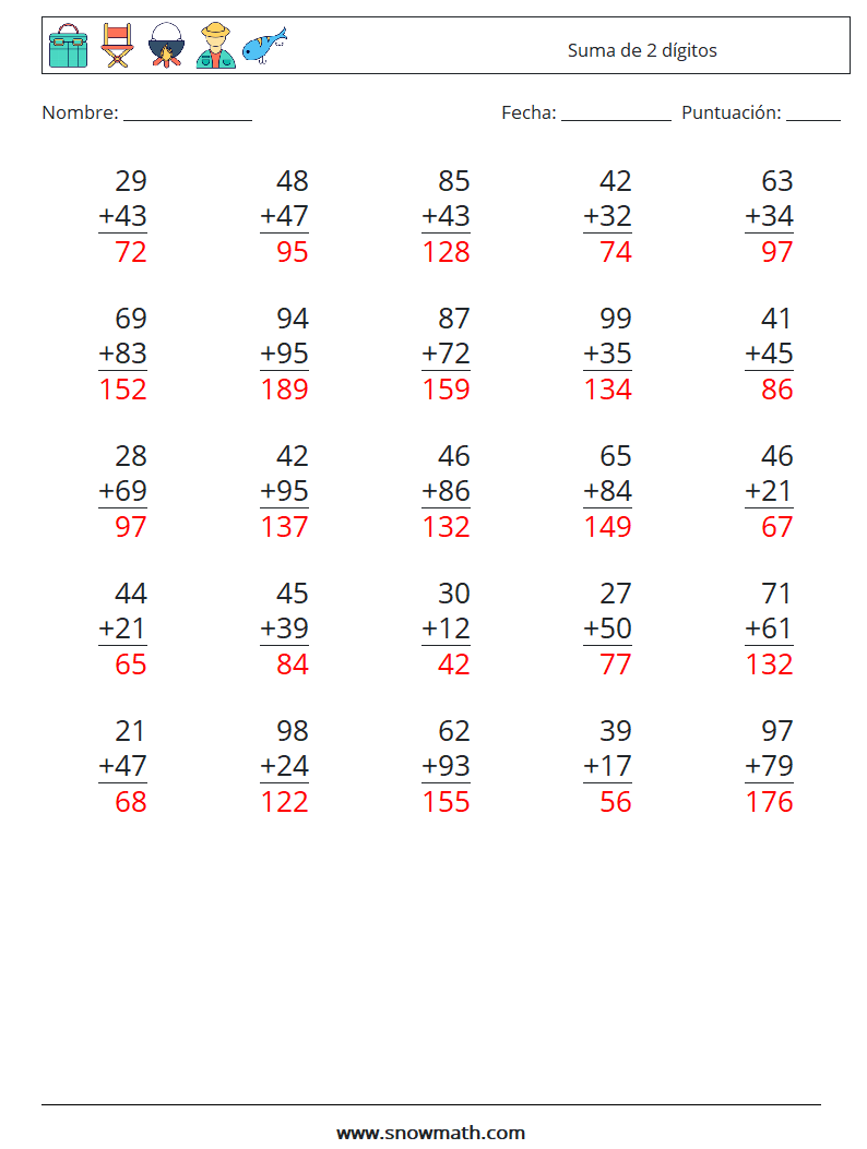 (25) Suma de 2 dígitos Hojas de trabajo de matemáticas 8 Pregunta, respuesta