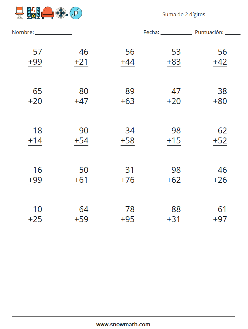 (25) Suma de 2 dígitos Hojas de trabajo de matemáticas 9