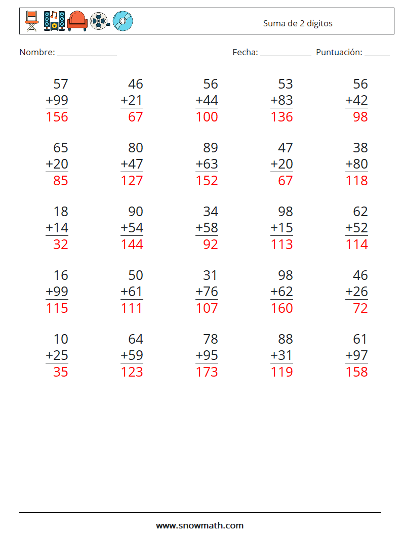 (25) Suma de 2 dígitos Hojas de trabajo de matemáticas 9 Pregunta, respuesta