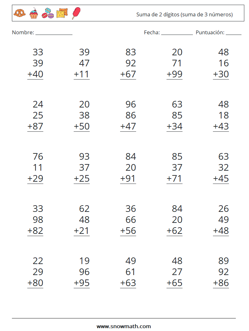 (25) Suma de 2 dígitos (suma de 3 números) Hojas de trabajo de matemáticas 1