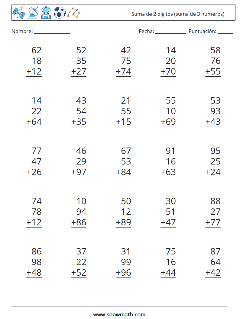 (25) Suma de 2 dígitos (suma de 3 números) Hojas de trabajo de matemáticas 10