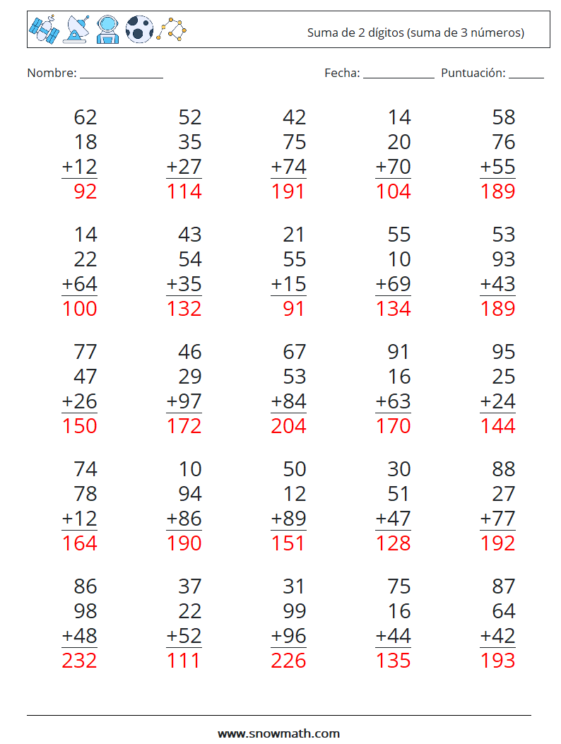 (25) Suma de 2 dígitos (suma de 3 números) Hojas de trabajo de matemáticas 10 Pregunta, respuesta