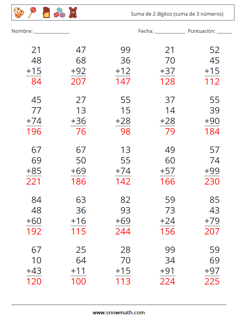 (25) Suma de 2 dígitos (suma de 3 números) Hojas de trabajo de matemáticas 11 Pregunta, respuesta