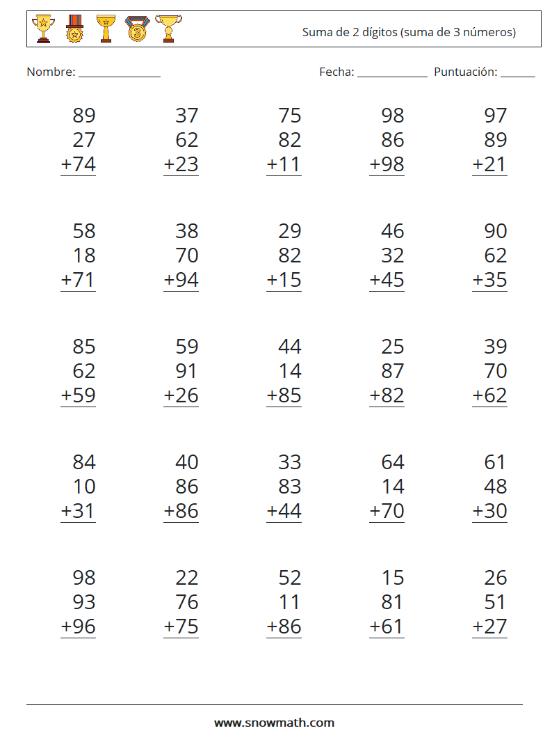 (25) Suma de 2 dígitos (suma de 3 números) Hojas de trabajo de matemáticas 13