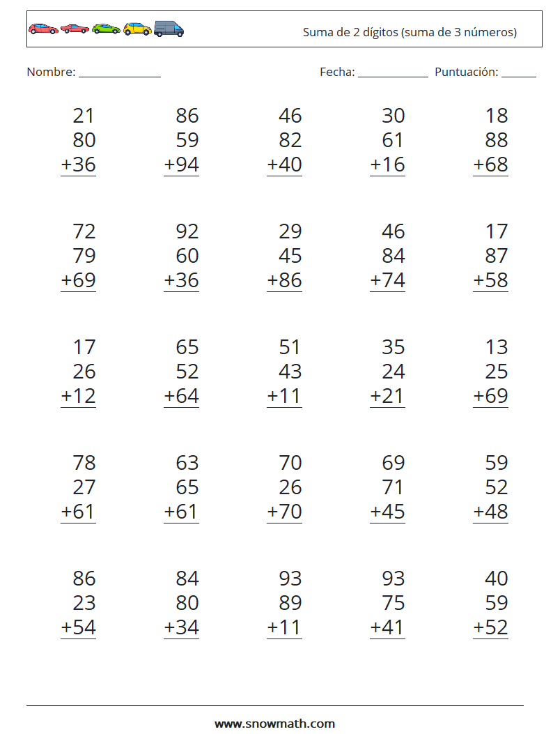 (25) Suma de 2 dígitos (suma de 3 números) Hojas de trabajo de matemáticas 14