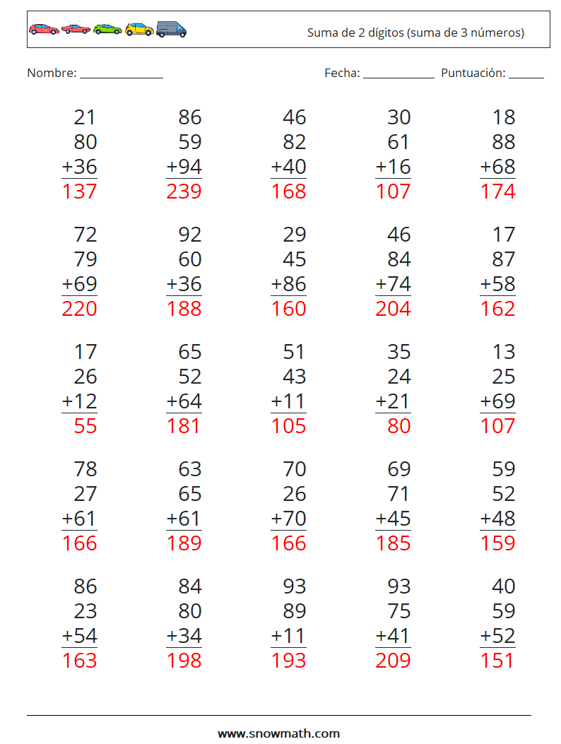 (25) Suma de 2 dígitos (suma de 3 números) Hojas de trabajo de matemáticas 14 Pregunta, respuesta