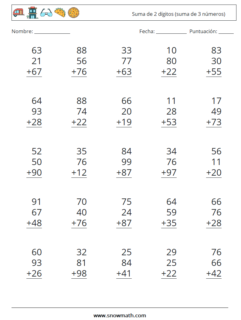 (25) Suma de 2 dígitos (suma de 3 números) Hojas de trabajo de matemáticas 15