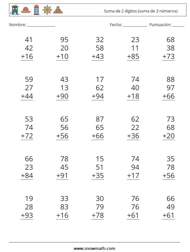 (25) Suma de 2 dígitos (suma de 3 números) Hojas de trabajo de matemáticas 16