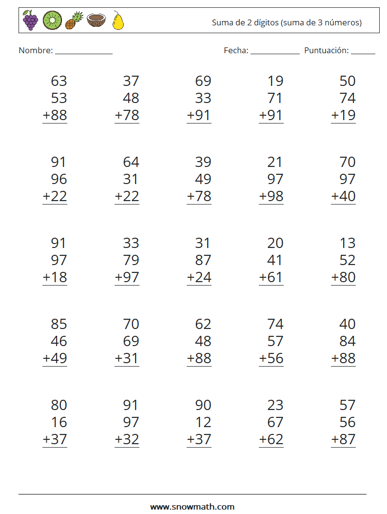 (25) Suma de 2 dígitos (suma de 3 números) Hojas de trabajo de matemáticas 18