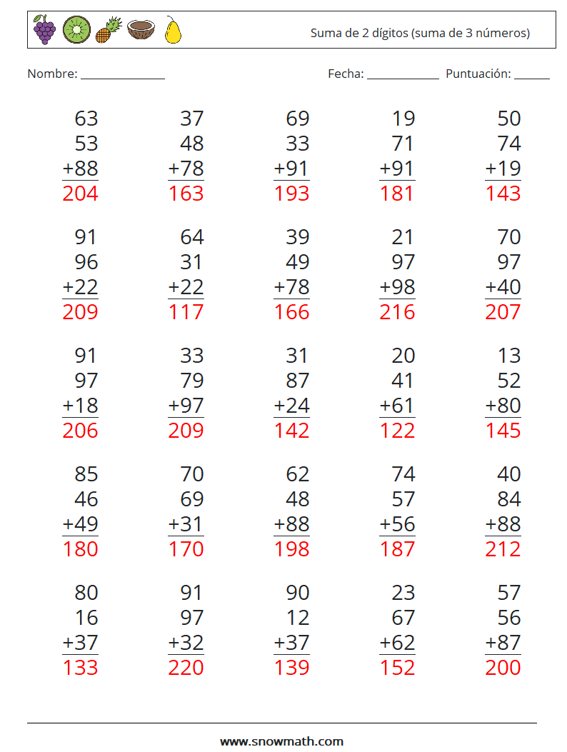 (25) Suma de 2 dígitos (suma de 3 números) Hojas de trabajo de matemáticas 18 Pregunta, respuesta