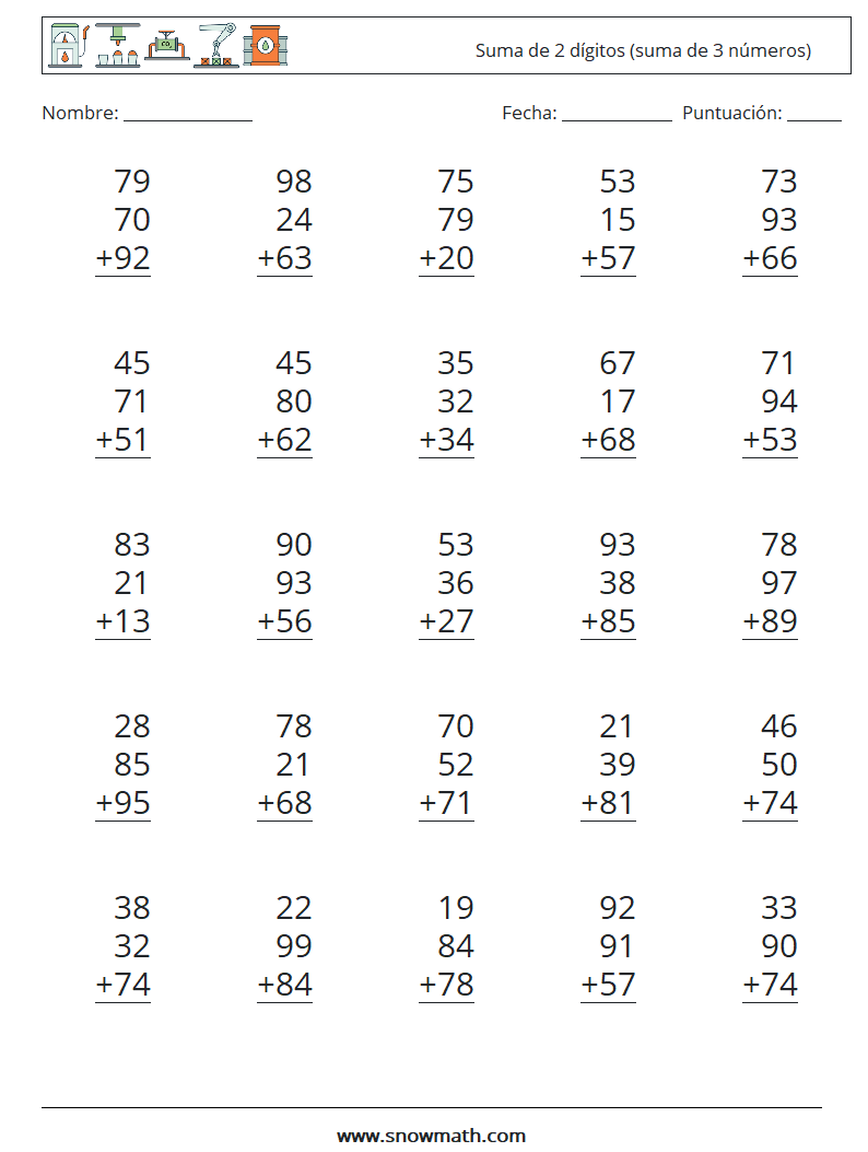 (25) Suma de 2 dígitos (suma de 3 números) Hojas de trabajo de matemáticas 2