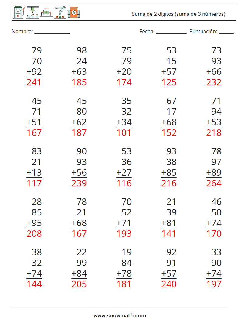 (25) Suma de 2 dígitos (suma de 3 números) Hojas de trabajo de matemáticas 2 Pregunta, respuesta