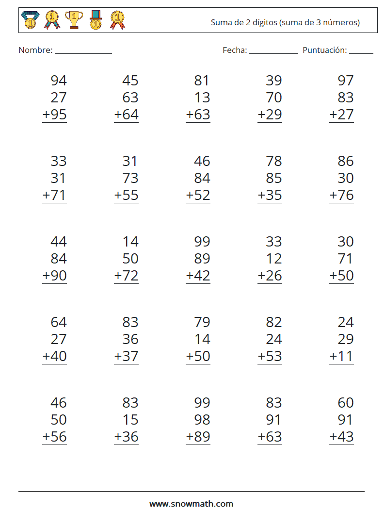 (25) Suma de 2 dígitos (suma de 3 números) Hojas de trabajo de matemáticas 3