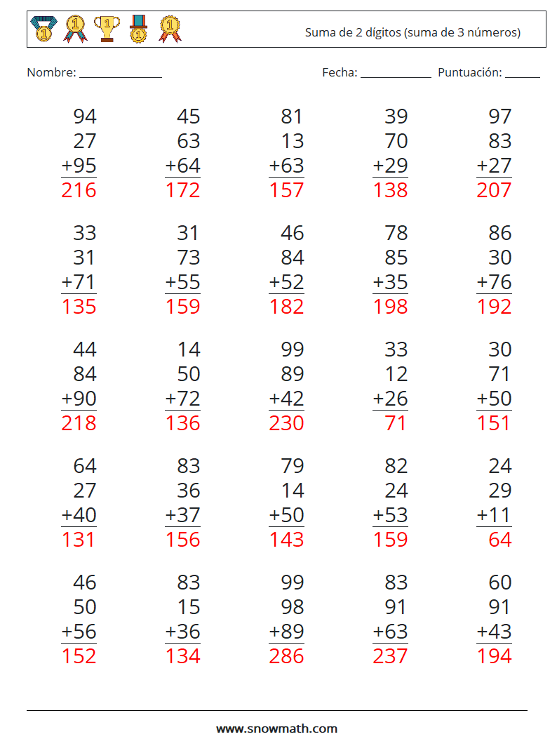 (25) Suma de 2 dígitos (suma de 3 números) Hojas de trabajo de matemáticas 3 Pregunta, respuesta