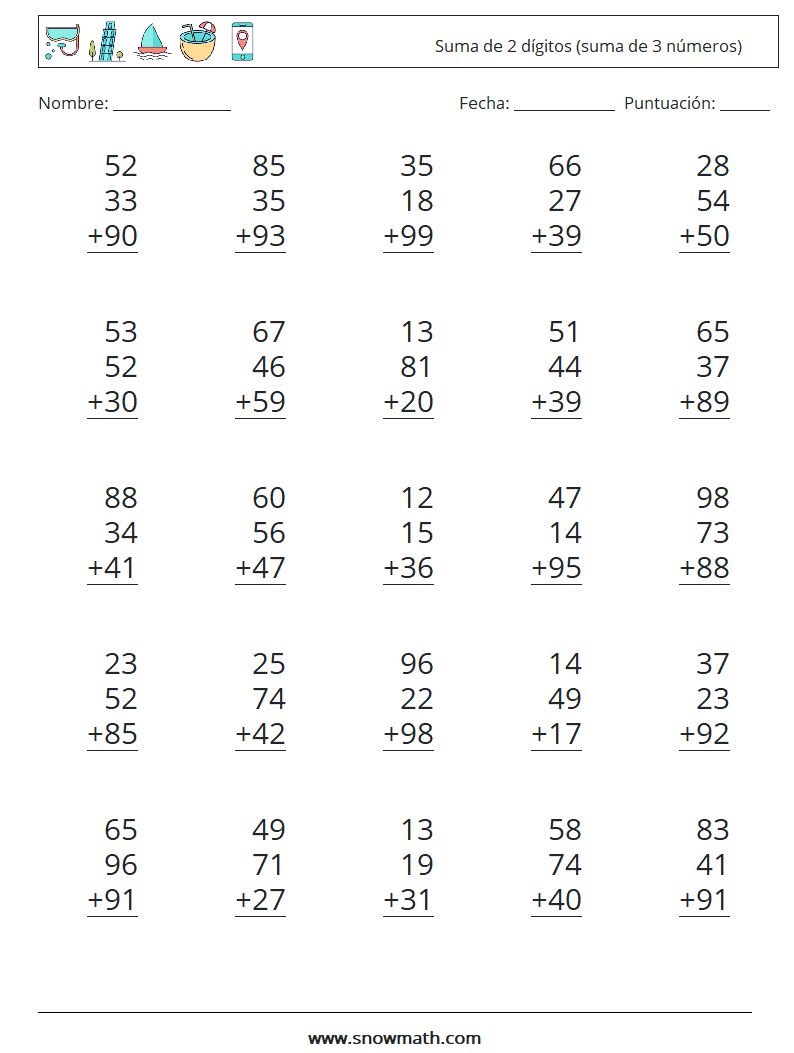 (25) Suma de 2 dígitos (suma de 3 números) Hojas de trabajo de matemáticas 4